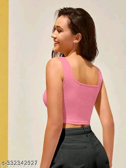 Cotton Blend Casual Sleeveless Solid Women Crop Top