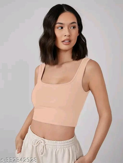 Cotton Blend Casual Sleeveless Solid Women Crop Top