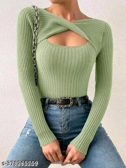 Trendy Plain Cut Out Plain Full Sleeve Top For Girls