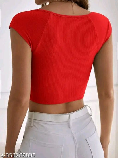 Women Casual Wear Square Neck Half Sleeve Cotton Blend Ribbed Top