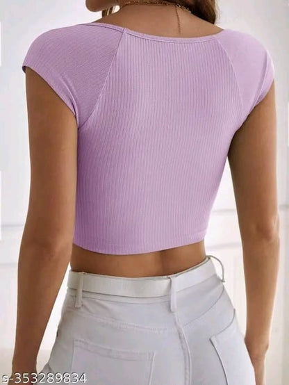 Women Casual Wear Square Neck Half Sleeve Cotton Blend Ribbed Top