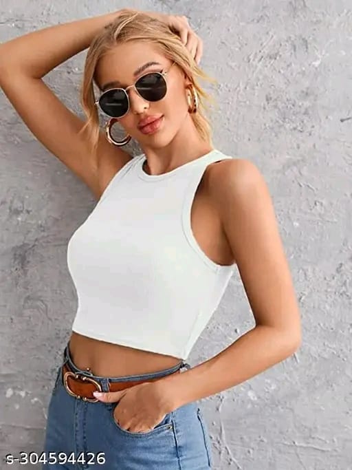 Women's Solid Ribbed/knitted Sleeveless Stretchable Slim Fit "Crop Black Tank Top"