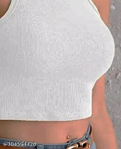 Women's Solid Ribbed/knitted Sleeveless Stretchable Slim Fit "Crop Black Tank Top"