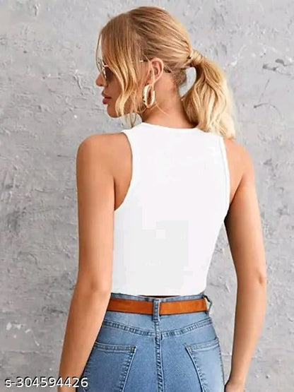Women's Solid Ribbed/knitted Sleeveless Stretchable Slim Fit "Crop Black Tank Top"
