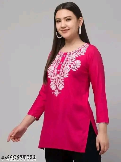 Timorous Fashion: Elegant Rayon Short Kurtis with Embroidery (XS-XXL)