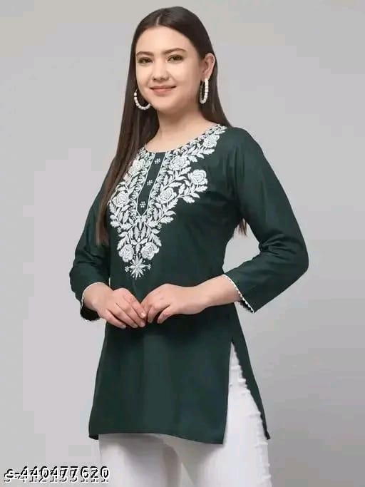 Timorous Fashion: Elegant Rayon Short Kurtis with Embroidery (XS-XXL)