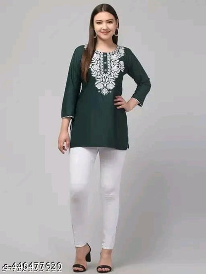 Timorous Fashion: Elegant Rayon Short Kurtis with Embroidery (XS-XXL)