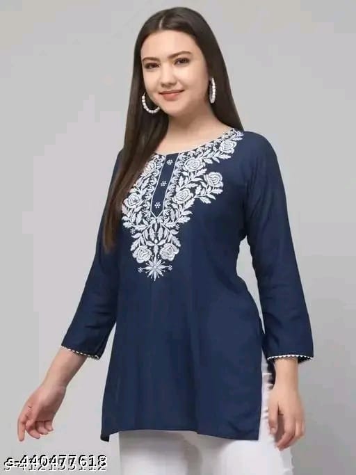 Timorous Fashion: Elegant Rayon Short Kurtis with Embroidery (XS-XXL)
