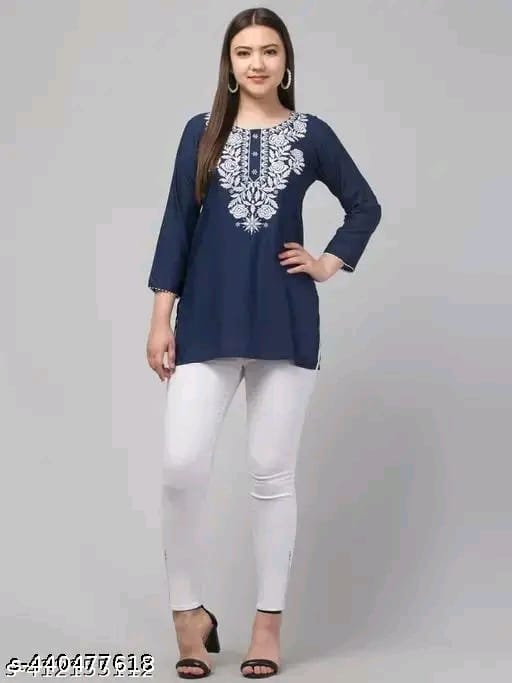 Timorous Fashion: Elegant Rayon Short Kurtis with Embroidery (XS-XXL)