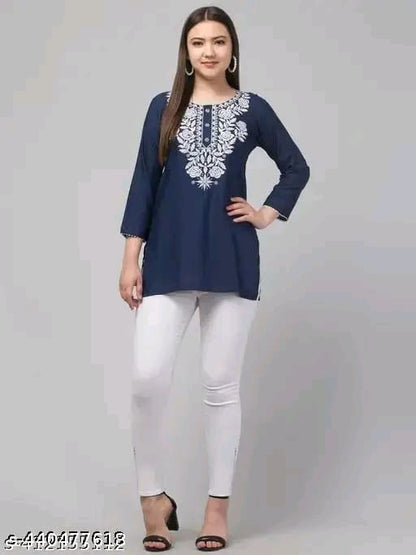 Timorous Fashion: Elegant Rayon Short Kurtis with Embroidery (XS-XXL)