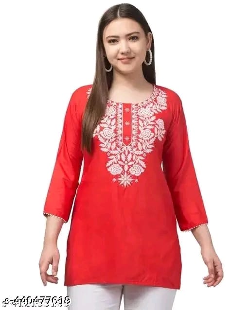 Timorous Fashion: Elegant Rayon Short Kurtis with Embroidery (XS-XXL)