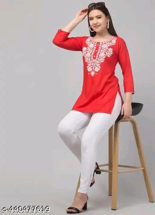 Timorous Fashion: Elegant Rayon Short Kurtis with Embroidery (XS-XXL)