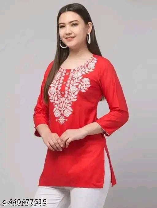 Timorous Fashion: Elegant Rayon Short Kurtis with Embroidery (XS-XXL)