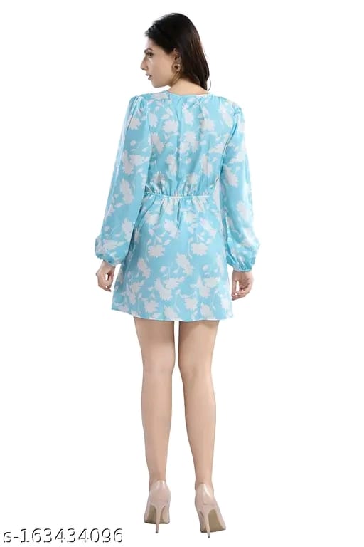 Cherrylavish Blue & White Floral Printed Poly Crepe Fit & Flare Mini Dress for women