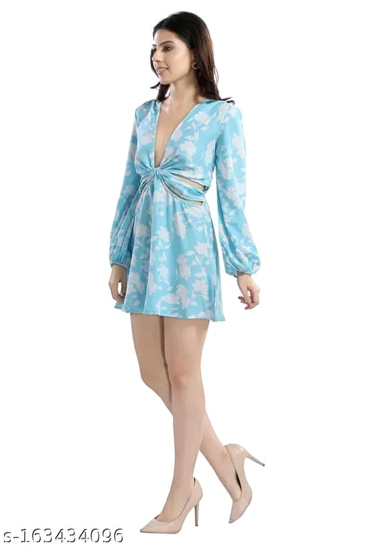 Cherrylavish Blue & White Floral Printed Poly Crepe Fit & Flare Mini Dress for women