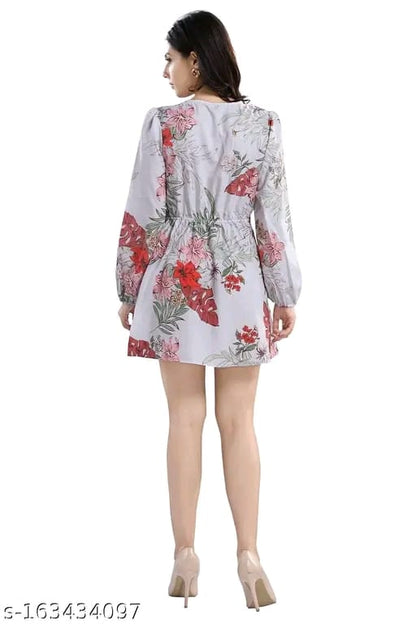 Cherrylavish Blue & White Floral Printed Poly Crepe Fit & Flare Mini Dress for women
