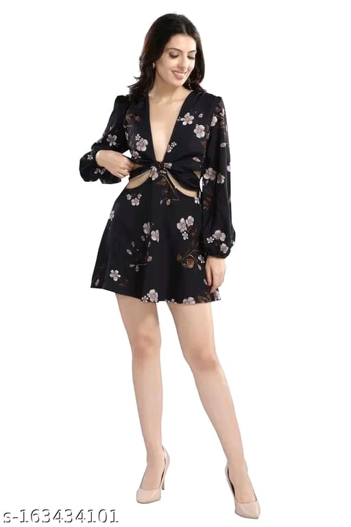 Cherrylavish Blue & White Floral Printed Poly Crepe Fit & Flare Mini Dress for women