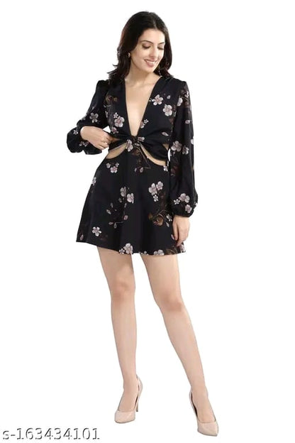 Cherrylavish Blue & White Floral Printed Poly Crepe Fit & Flare Mini Dress for women