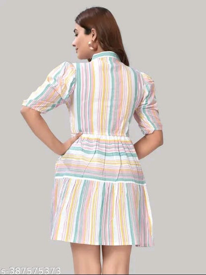 ZELZIS Women Cotton Stripe Fit & Flare Orange Dress