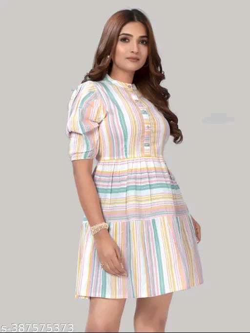 ZELZIS Women Cotton Stripe Fit & Flare Orange Dress