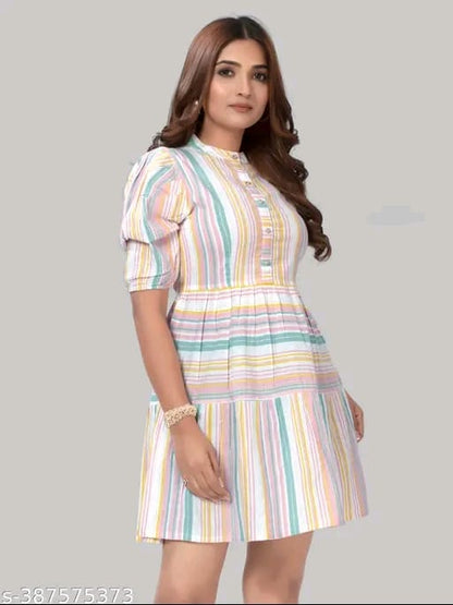 ZELZIS Women Cotton Stripe Fit & Flare Orange Dress