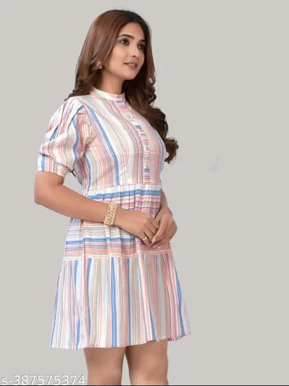 ZELZIS Women Cotton Stripe Fit & Flare Orange Dress