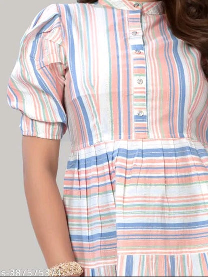 ZELZIS Women Cotton Stripe Fit & Flare Orange Dress