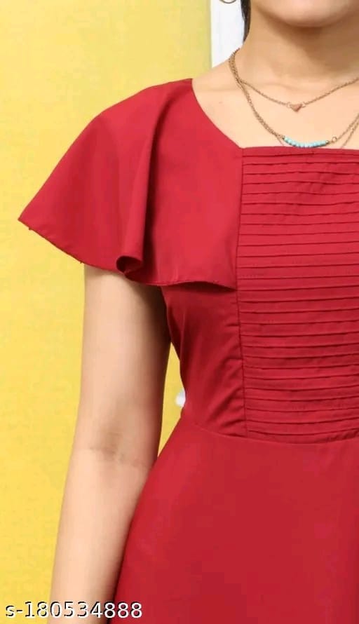 Ladik Way New Trendy Plus Size Red Solid Maxi Dress with Pintuck Design – Round Neck, Short Flutter Sleeves, Flared Hem, Full-Length Poly Crepe Gown | Machine Washable