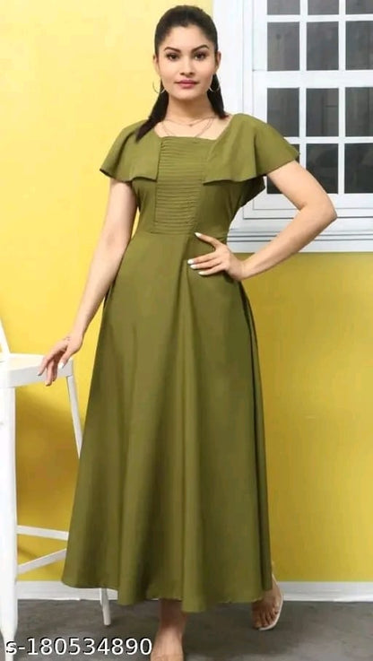 Ladik Way New Trendy Plus Size Red Solid Maxi Dress with Pintuck Design – Round Neck, Short Flutter Sleeves, Flared Hem, Full-Length Poly Crepe Gown | Machine Washable