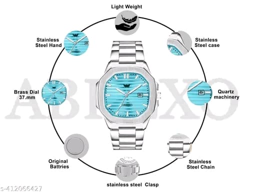 ABREXO Abx7001-Sky Blue 3D Dial Date Working Silver Stainless Steel Watch Nautilus Series Analog Quartz Wrist Watch