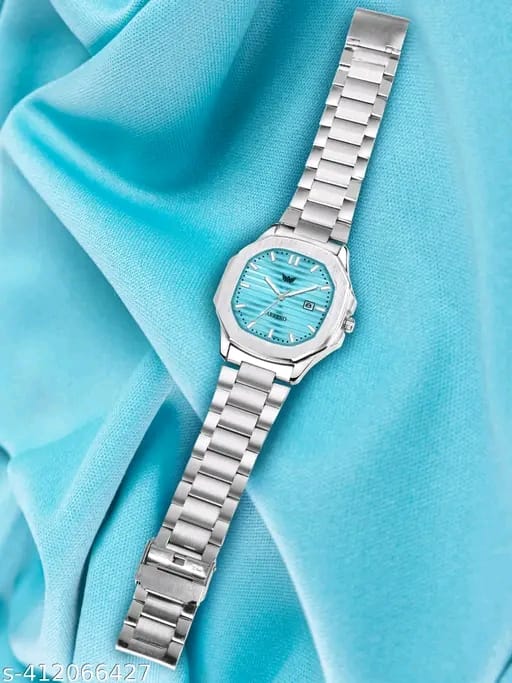 ABREXO Abx7001-Sky Blue 3D Dial Date Working Silver Stainless Steel Watch Nautilus Series Analog Quartz Wrist Watch