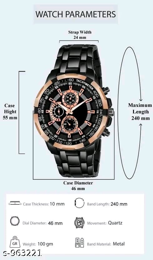 Trendy Black Metal Chain Wrist Watch Chronograph Style Designed for Party Wear Casual Wear and Formal wear For Men and Boys